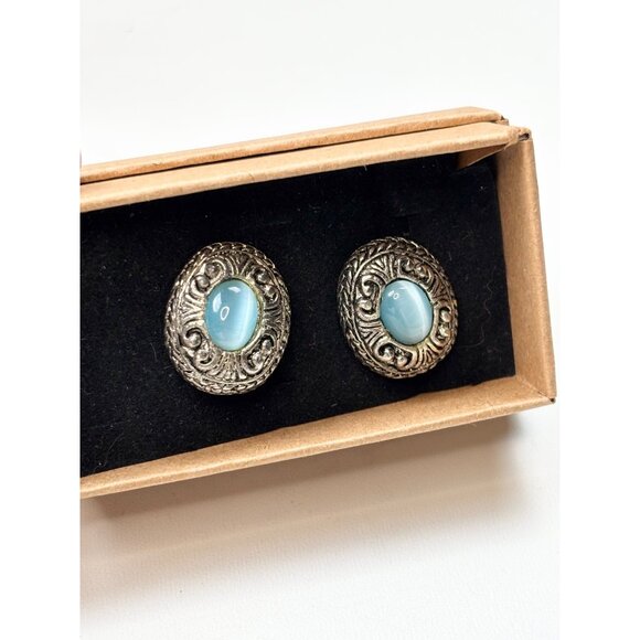 Vintage Silver-Tone Filigree Oval Earrings With Blue Glass Cabochons - Picture 1 of 5